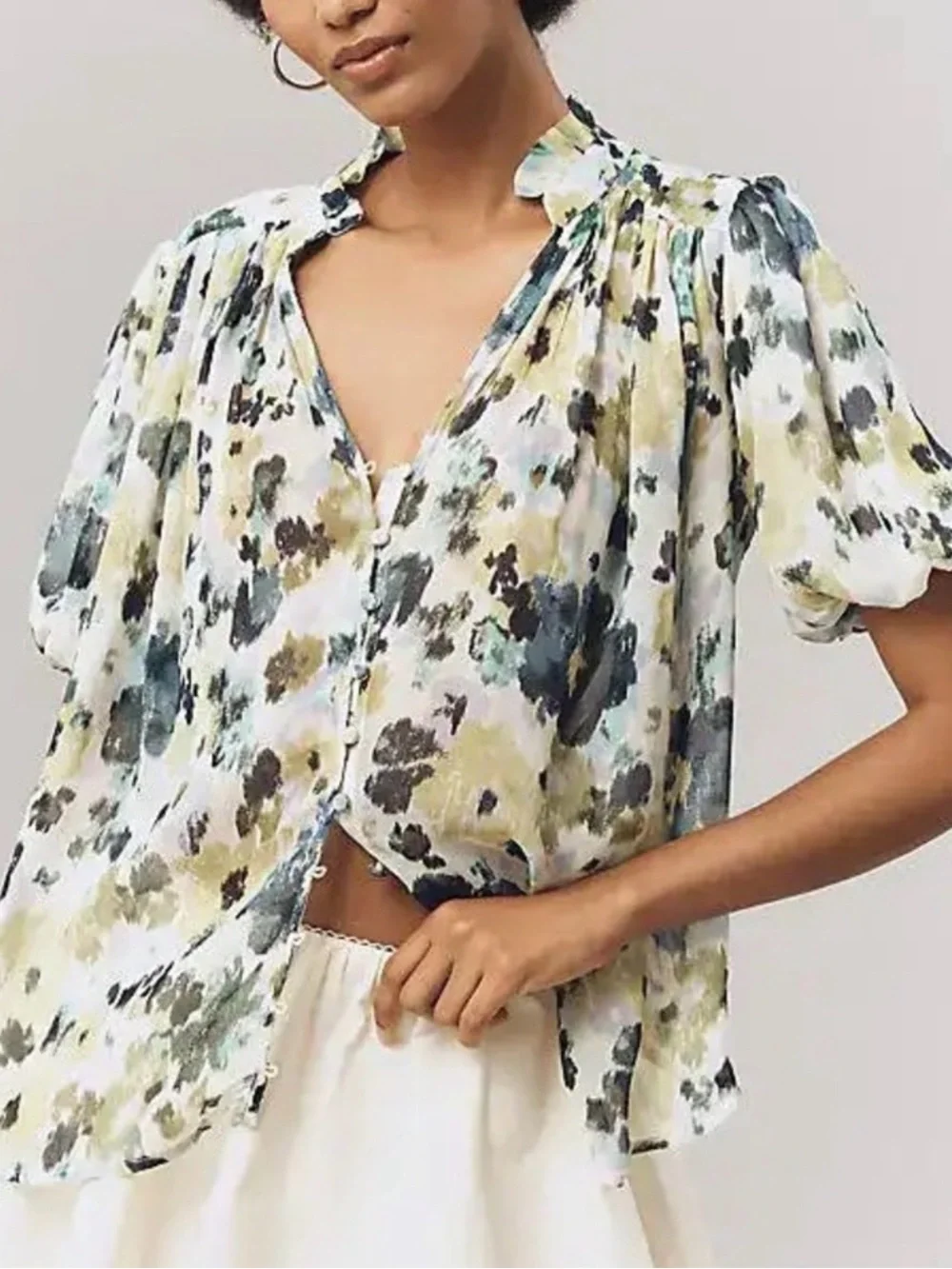 Anthropologie Watercolor Floral Button-Front Blouse in White, Green, Blue